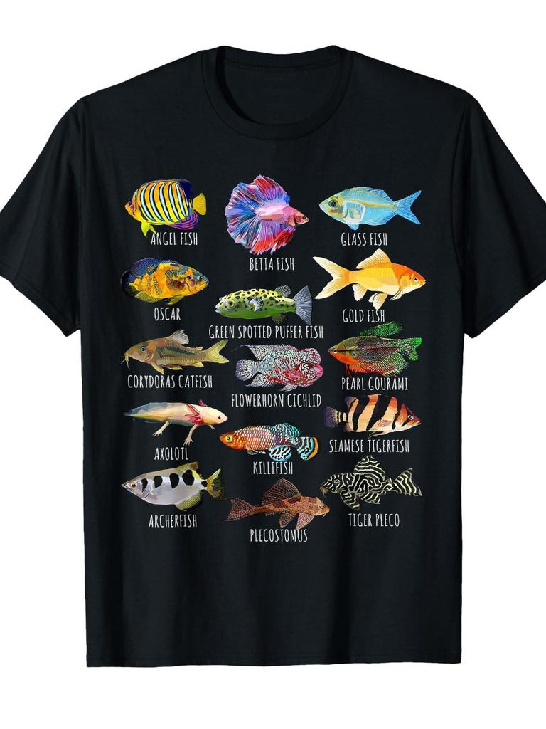 T-shirt Unisexe Amoureux d'Aquarium Noir avec Poissons Anges Betta Cichlidés Poissons Rouges Tétras Chemise Douce en Coton pour l'Aquariophilie Coupe Ajustée