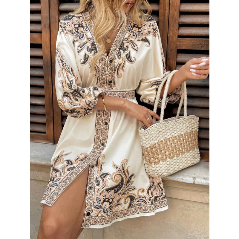 New Women's Printed V-Neck Dress, Three-Quarter Elbow Sleeve Tie Waist A-Line Midi Dress for Summer Casual Party Daily Wear