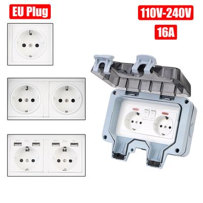 Double EU Socket 16A AC 110~240V Outdoor Wall Power Socket IP66 Weatherproof Power Supply Switch Socket With USB Charging