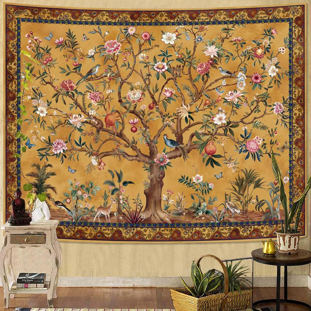 Boho Tree Of Life Tapestry, Vintage Flower Leaves Birds Plant Animal Pattern Tapestries, Retro Indian Bohemian Aesthetic Wall