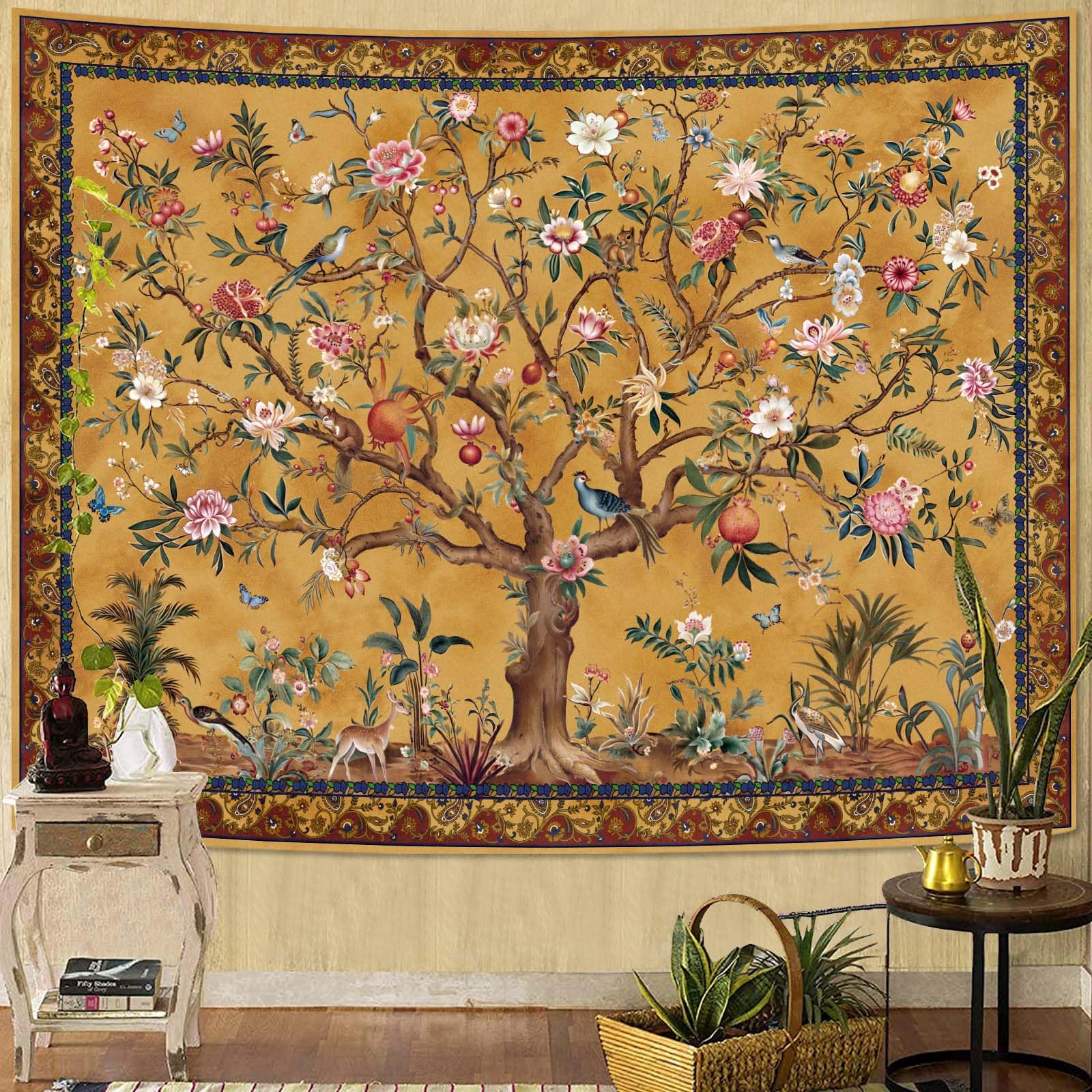 Boho Levensboom Wandkleed, Vintage Bloemen Bladeren Vogels Plant Dier Patroon Wandkleden, Retro Indiase Boheemse Esthetische Muur 150x100CM