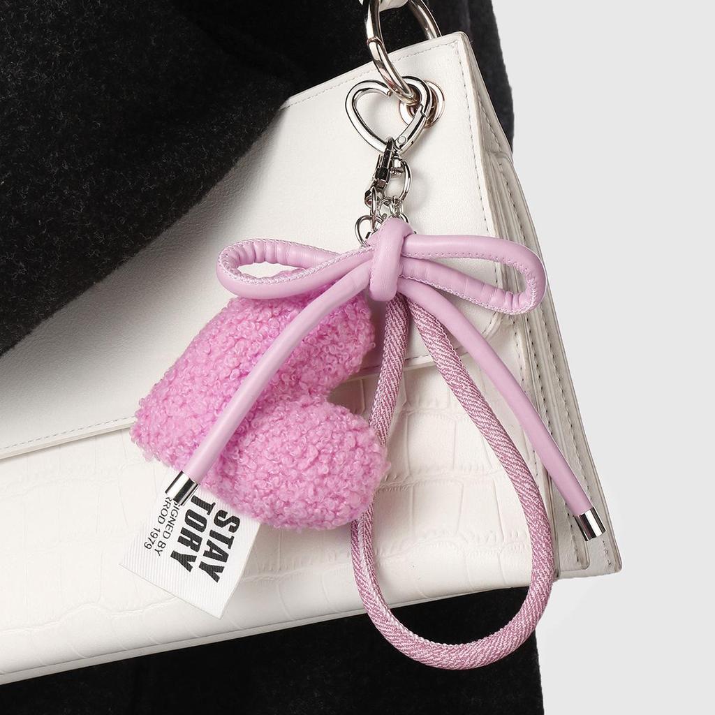Versatile Multi-Color Leather Bow and Plush Heart Keychain Charm