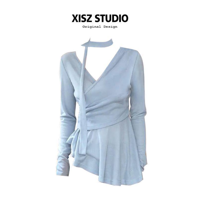

French-Style Irregular V-Neck Long-Sleeve T-Shirt for Women, Spring Season, High-End Unique Design, Waist-Cinching, Slimming, Elegant Top Blue [High Quality] S