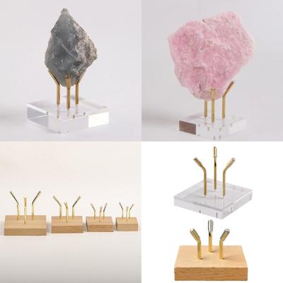 Gemstones Display Rack Wood with Gold Metal Arms Stylish for Minerals Specimen Fossils Home Decoration Supplies