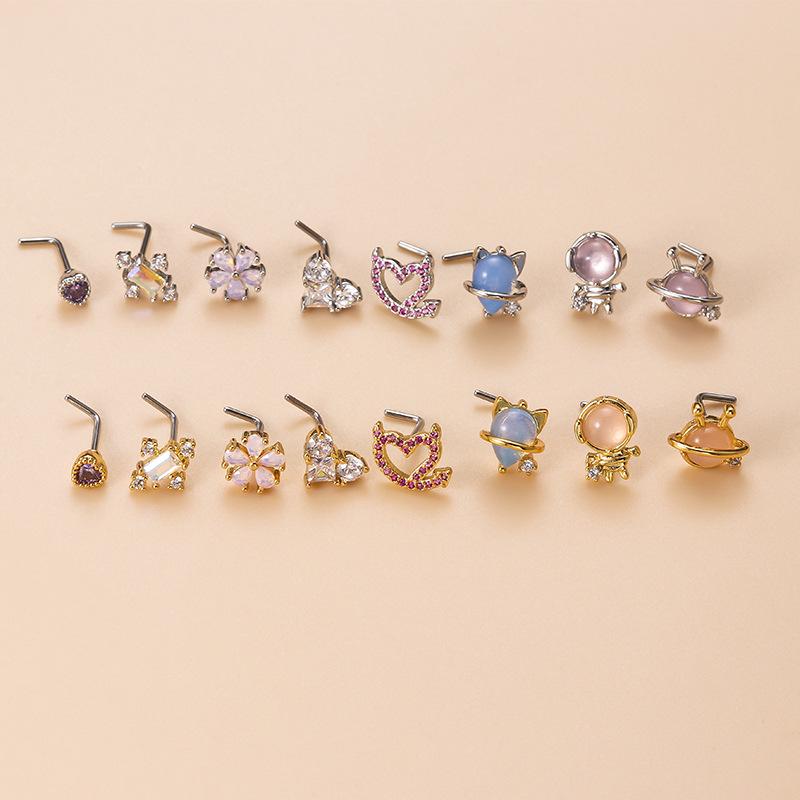 Trendy European & American Zircon Nose Stud: Floral, Heart & Geometric Shapes In Stainless Steel