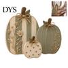 Solid Wood Pumpkin Set 3Pcs Wildflower Figurines, Farmhouse Fall Tabletop Decor, Rustic Pumpkins with Kitchen Countertop Accents Embossed Floral, Jute