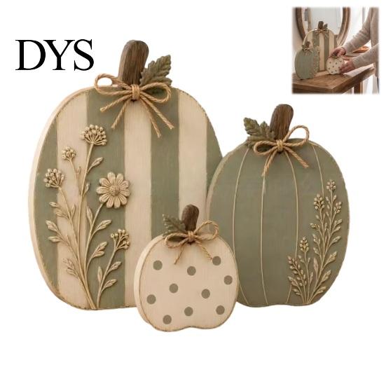 Solid Wood Pumpkin Set 3Pcs Wildflower Figurines, Farmhouse Fall Tabletop Decor, Rustic Pumpkins with Kitchen Countertop Accents Embossed Floral, Jute