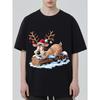 Christmas Reindeer T-Shirt Black Cartoon Deer Wearing Santa Hat Snow Scene Holiday Party Casual Wear