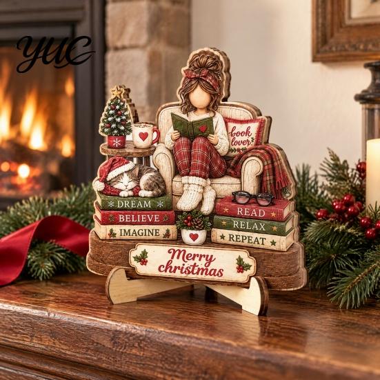 Christmas Shelf Decor Book Lover Gifts for Women, Just A Girl Who Loves Wooden Plaque, Holiday Ornaments 2D Flat Reading Block Sign with Stand