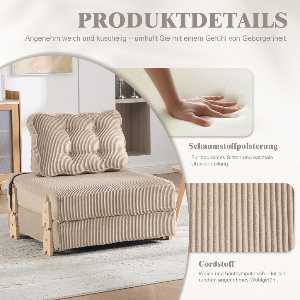A Comfortable Armchair Made of Corduroy – a Fold-out Sofa Bed with Wooden Legs, Ideal for Small Apartments and Bedrooms (Khaki-colored Corduroy)