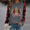 Women's Fashion Plaid Patchwork Christmas Print Round Neck Long Sleeve T-Shirt Top