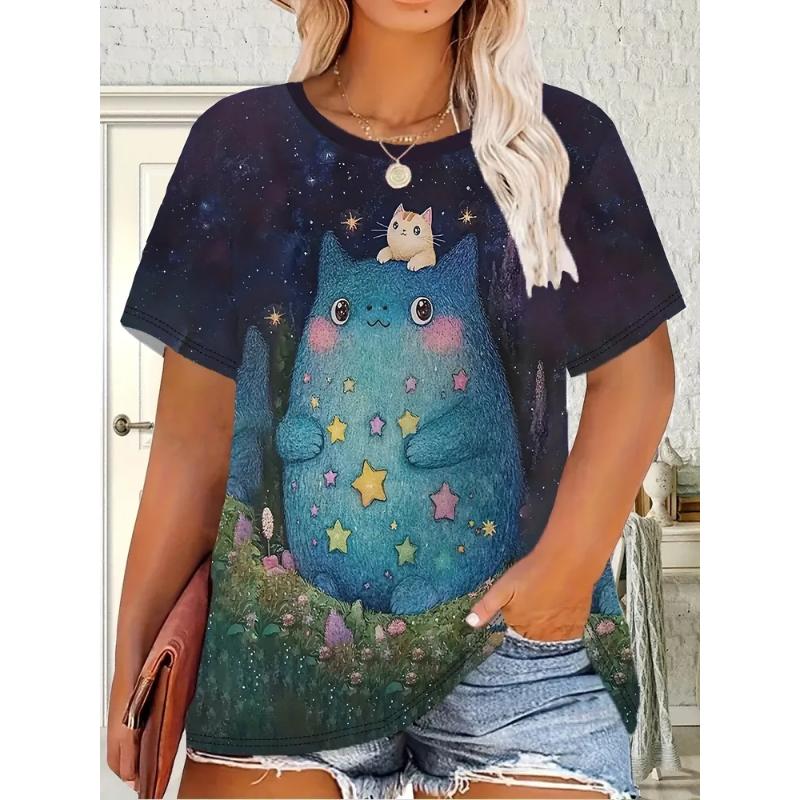 Fashion Women's Crew Neck Short Sleeve 3D Animal Color Printing Animal Short Sleeve Crew Neck T-Shirt