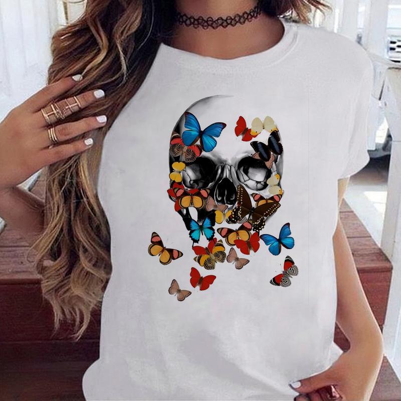 Maycaur Fashion Skull Flower Print Women T Shirt Summer Casual Short Sleeve O Neck Women Tshirt 90s Ladies Tee Shirt Tops