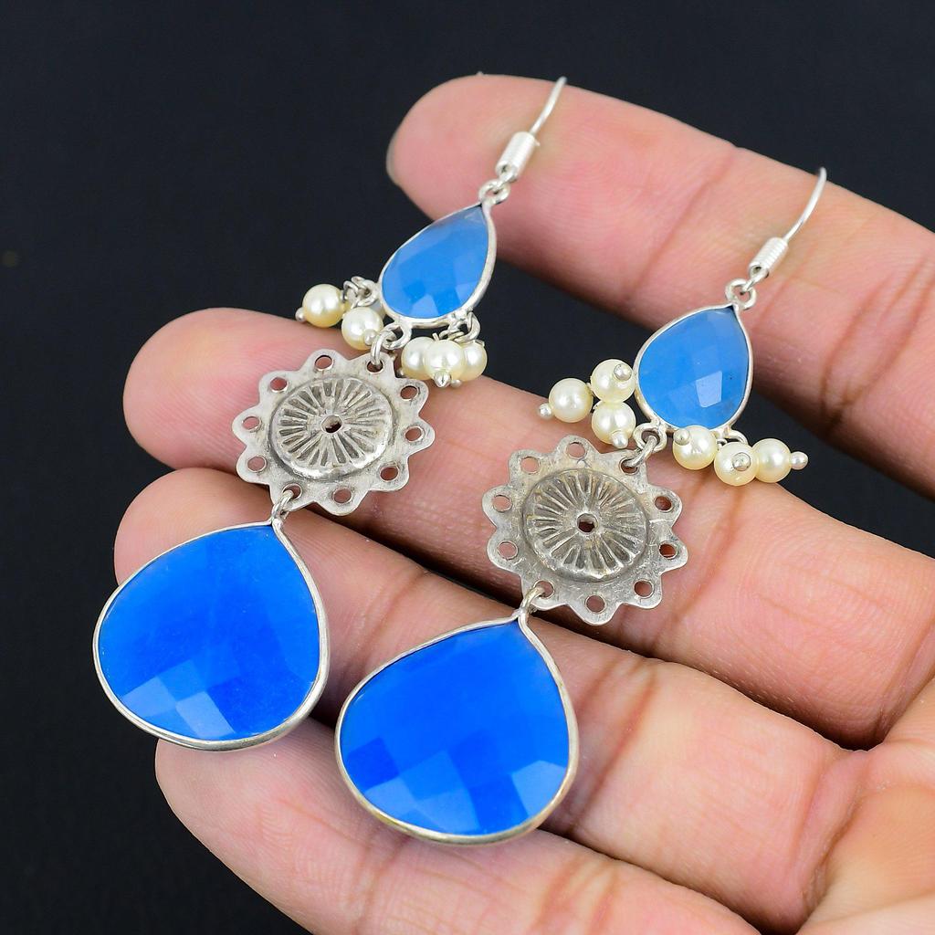 Blue Sapphire Stone 925 Silver Wife Drop Dangle Birthday Hook Earrings Jewelry