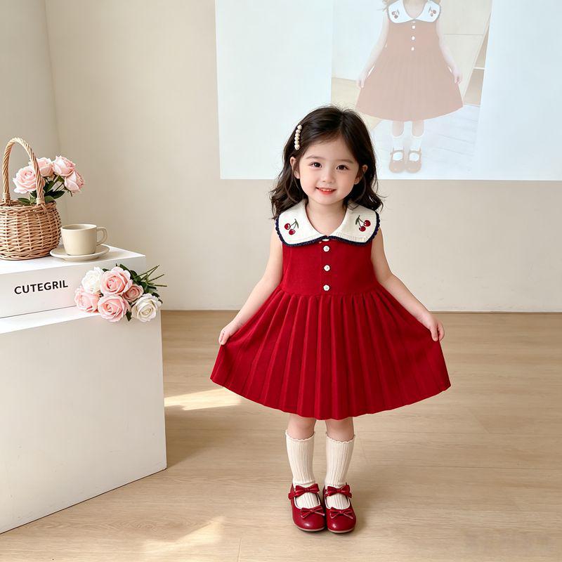 Red Cherry Blossom Knitted Sleeveless Dress for Girls - Spring/Autumn Style with Lapel