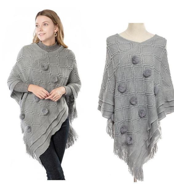 Causal Fashion Women Knitted Batwing Cape Tassels Poncho Cloak Ladies Fur Ball Sweater Outwear