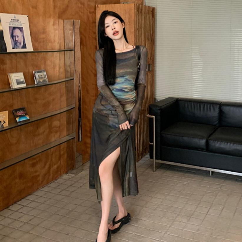 Spice girl feeling oil painting mesh dress women's autumn temperament split-ended long dress slim suspender skirt two-piece set