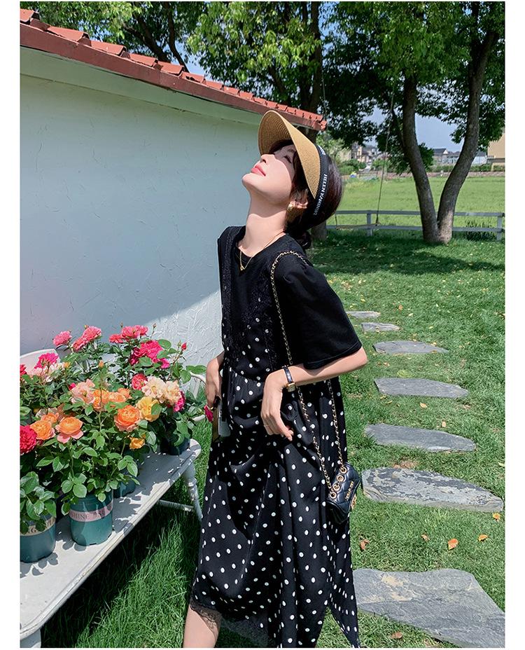 Abito a due pezzi con pois neri e patchwork, estate 2024 - Stile coreano, Vestibilità ampia e slim, Dolce gonna lunga per donna
