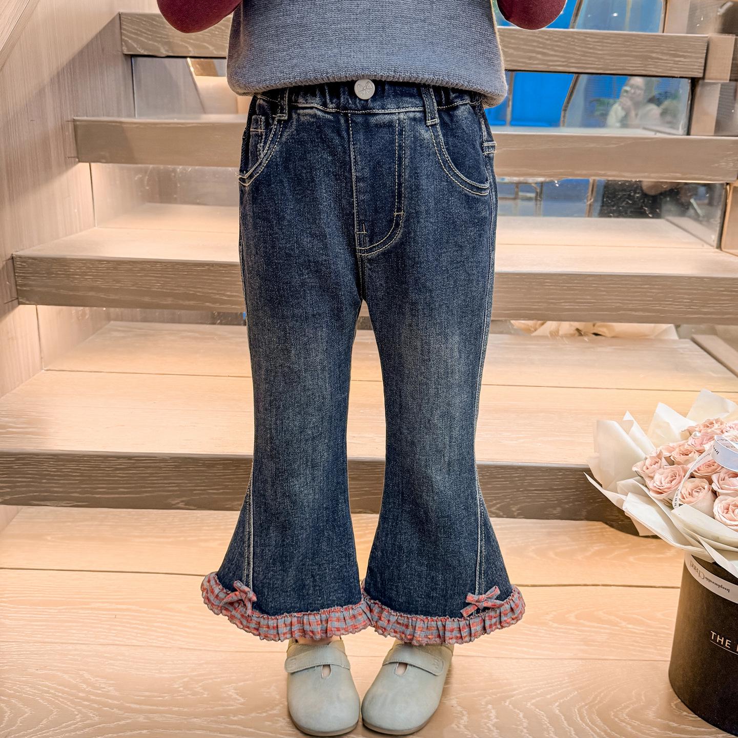 

Девичьи расклешенные джинсы в корейском стиле на весну/осень 2025 года с кружевной отделкой 130 cm