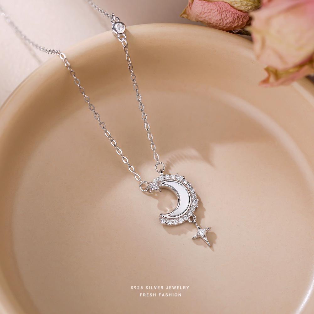 Sterling Silver S925 Star & Moon Necklace with Micro-Paved Stones and White Shell Pendant - Luxurious Valentine's Day Gift