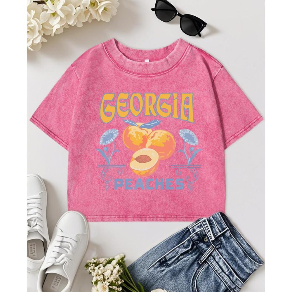 Georgia Yellow Peaches Creative Printing Washed Crop T Shirt Women Fitness Tops Slim Cotton Short Sleeve Soft T-Shirts