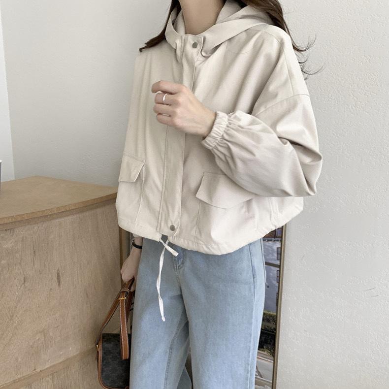 Autumn Vintage Korean Hooded Zipper Casual Solid Color Long Sleeve Jacket for Women