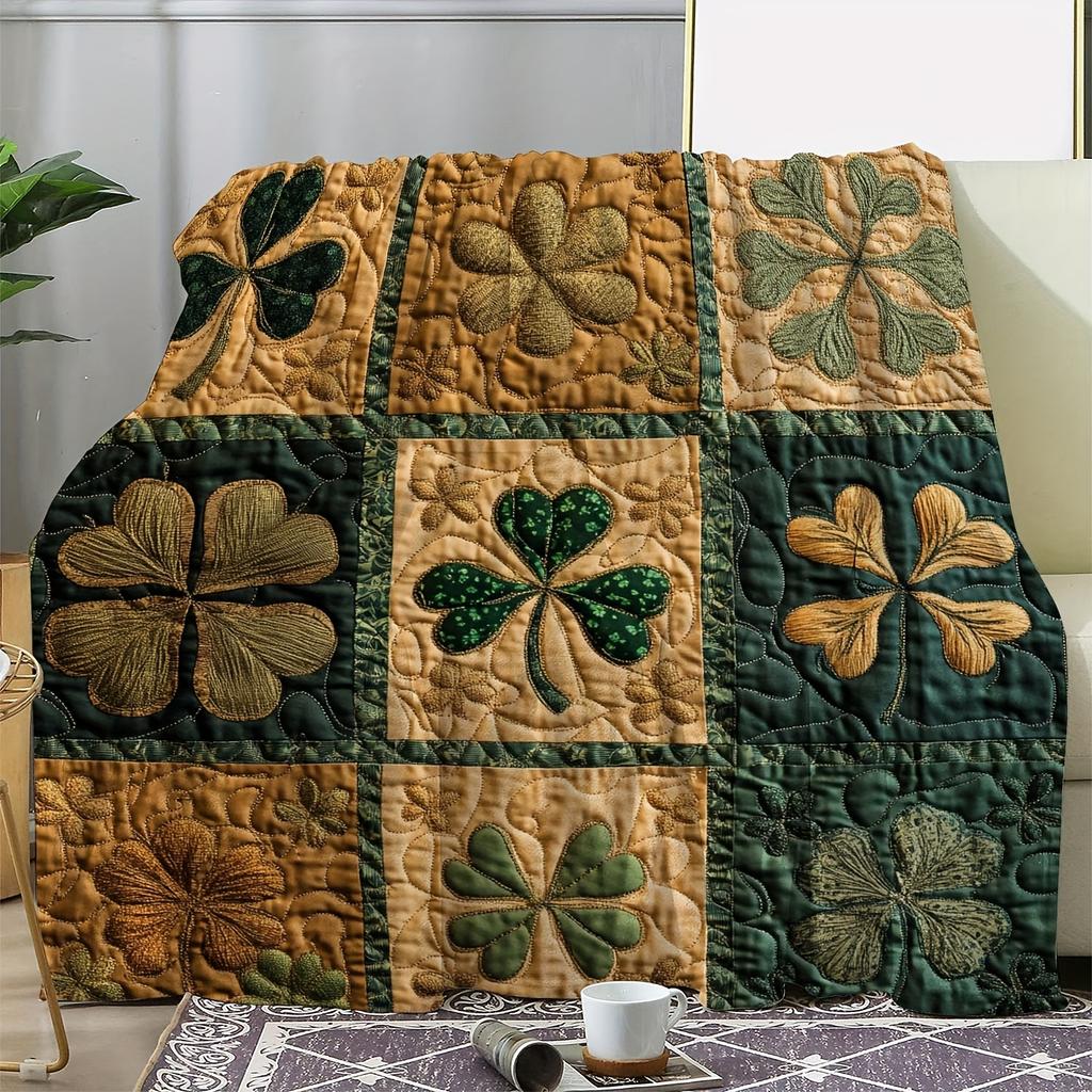 St. Patrick's Shamrock Flannel Blanket - Vintage Clover Print, Soft All-Season Throw for Sofa/Bed/Travel, Irish Gift