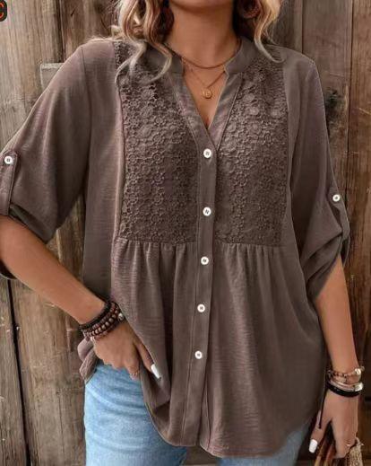 Plus Size Women S Lace Splice V Neck Long Sleeve Shirt