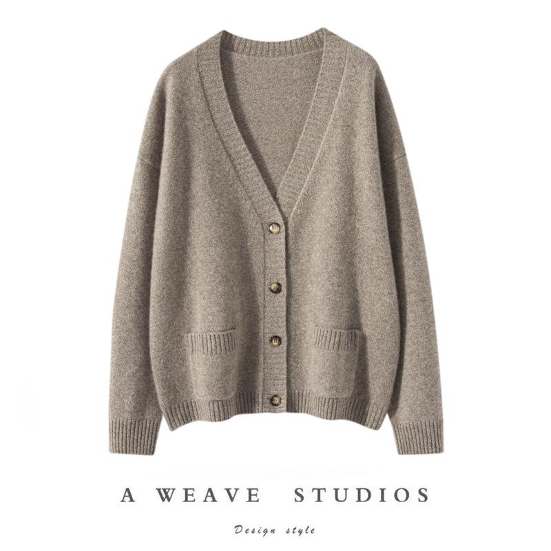 Women's Minimalist V-Neck Cashmere Cardigan - Buttoned, Thick, Wool Sweater Coat