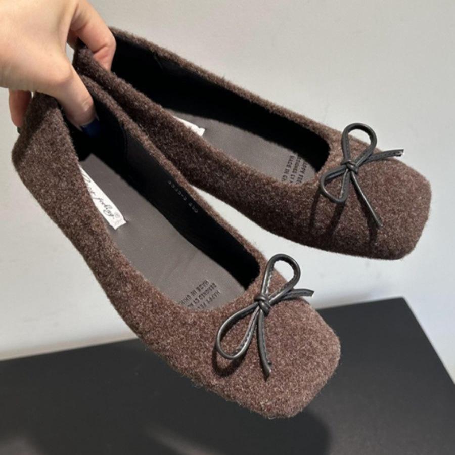 Gentle Cream Tie Bow Flat Shoes Lazy One Pedal Shallow Mouth Square Head Flat Heel Single Shoes Fluffy Shoes Suede Shoes