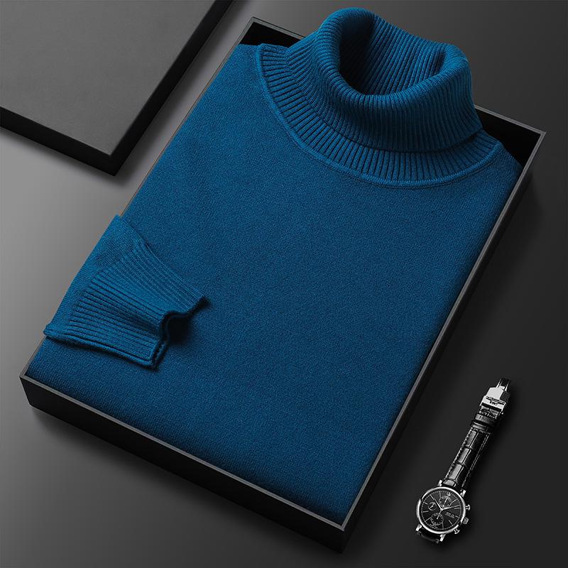 Men's High Neck Knit Sweater - Warm Solid Color Pullover for Middle-aged and Young Men