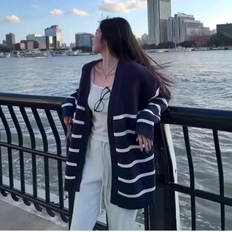 V-neck striped knitted cardigan top women's autumn and winter versatile lazy style soft waxy loose sweater jacket