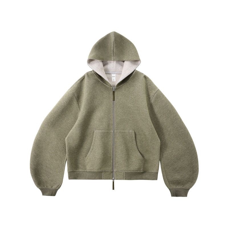 

American Street Retro Boxy Double-Zip Sweatshirt Jacket for Men 2025 Autumn Trendy Brand Ins Short Hooded Jacket Sand Green L