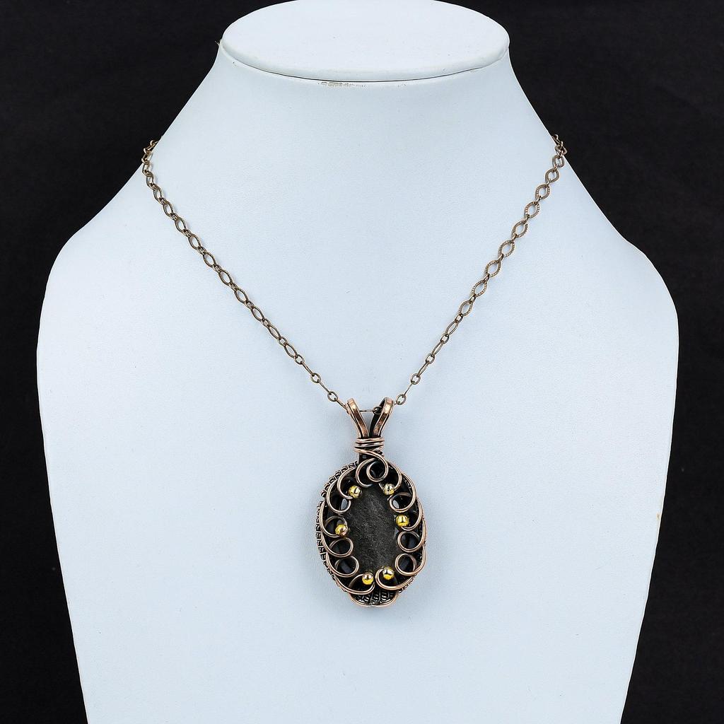 Silver Sheen Obsidian Gemstone Pure Copper Wire Wrapped Handmade Jewelry Pendant For Her
