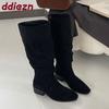 Mode Mode Flock Damen Kniehohe Stiefel Mit Blockabsatz Schuhe Damen Slip On Damen Moderne Lange Stiefel Schuhe Große Größe 43