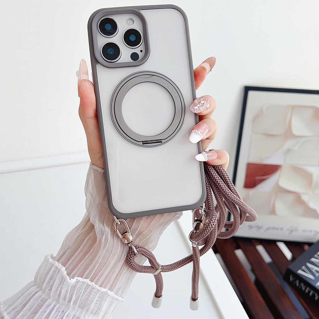 For iPhone 15 Pro Max Case Compatible with MagSafe Rotatable Kickstand PC+TPU Phone Cover with Lanyard