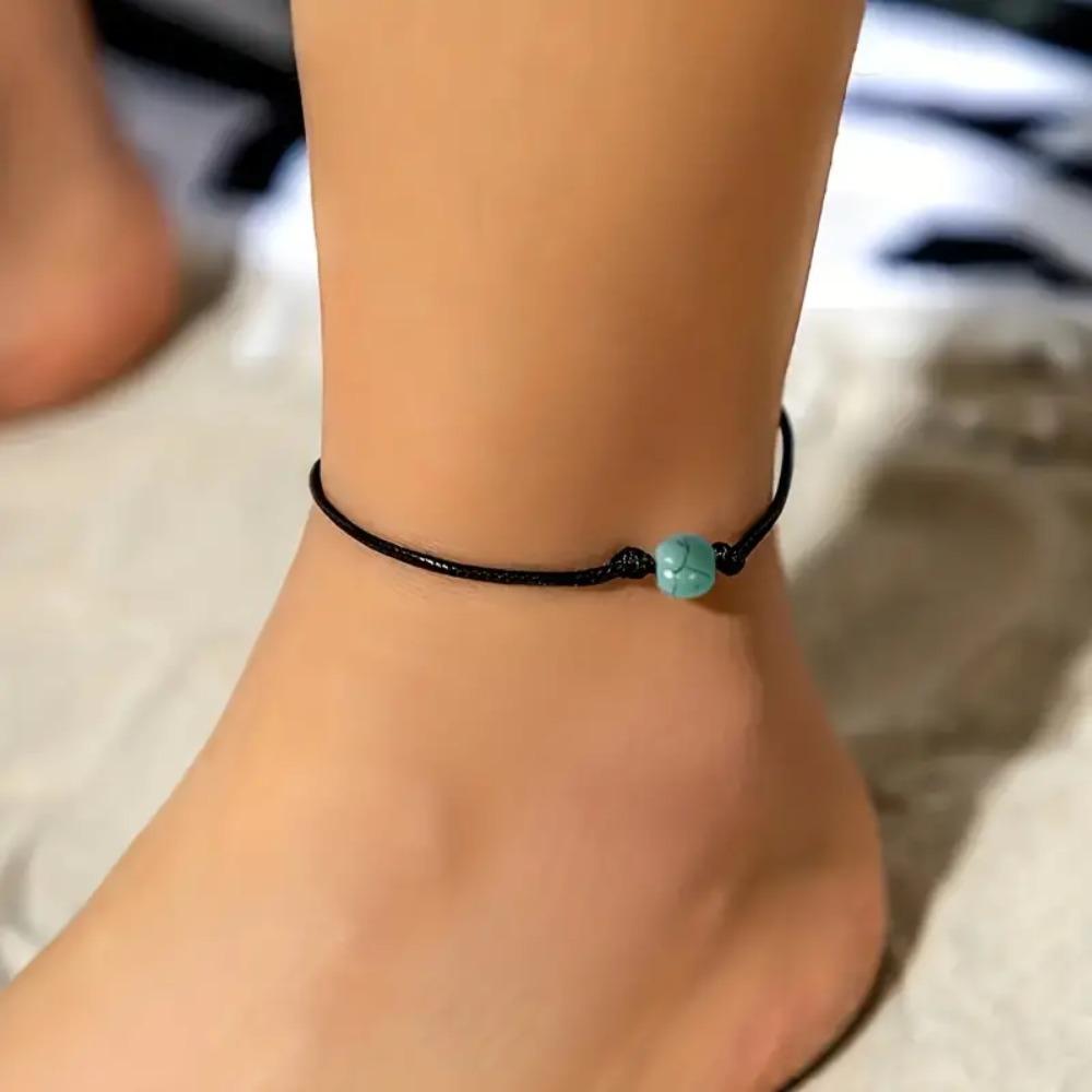 Boho Turquoise Bead Adjustable Anklet Unisex Summer Beach Vintage Style Foot Fashion Accessory for Men and Women Zircon