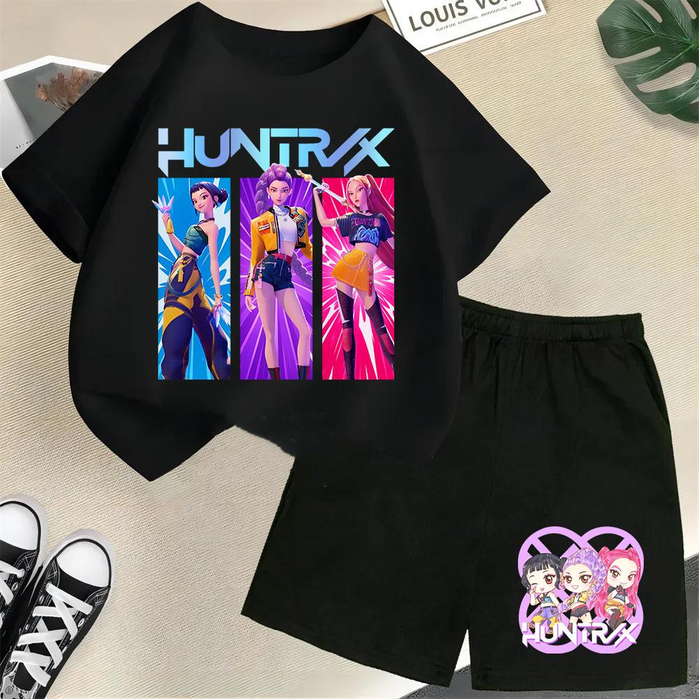 Moda Informal Estampado 3D Infantil Ola Coreana Cazador de Demonios Película Dibujos Animados Niños y Niñas Conjunto de Manga Corta