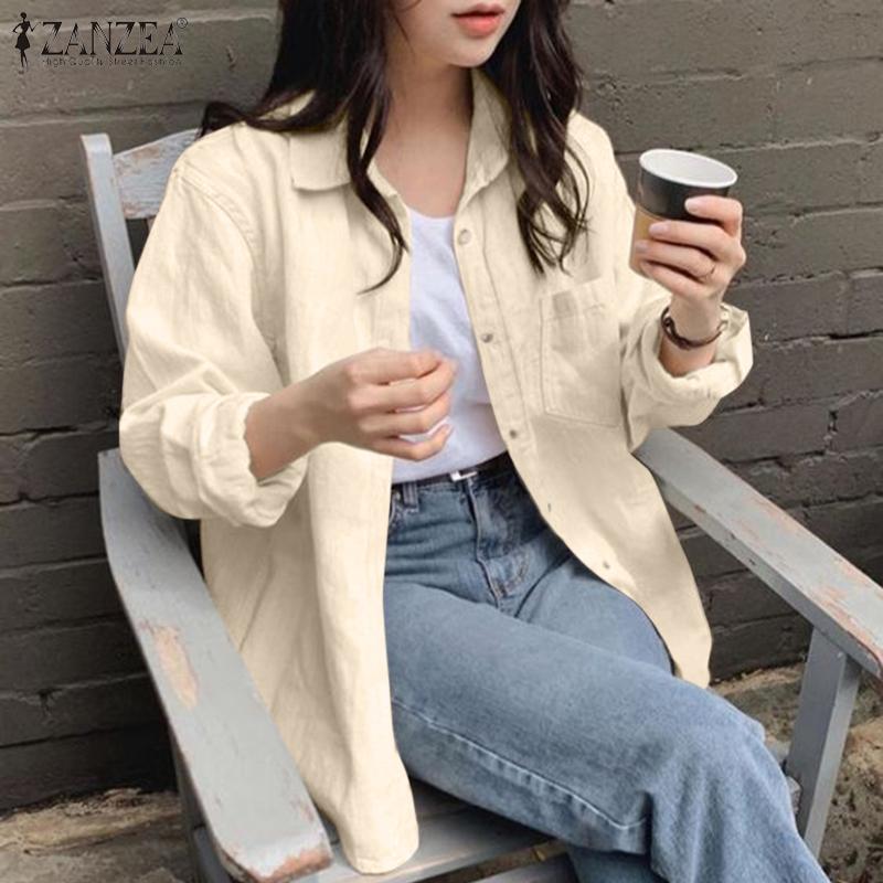 

ZANZEA Женская однотонная рубашка с карманами и длинными рукавами с лацканами