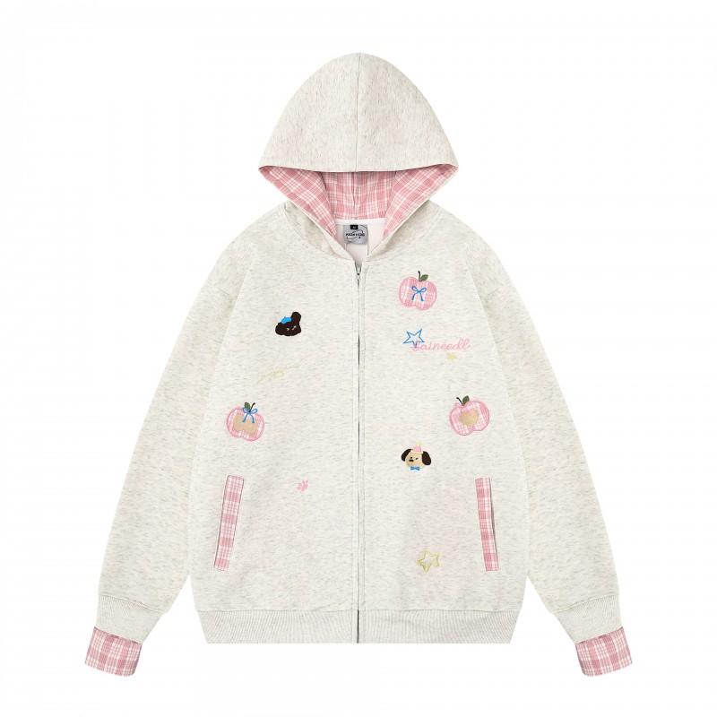 American Vintage Plaid Dog Embroidered Hooded Zip Cardigan Sweatshirt Men Women Casual Couple Outerwear