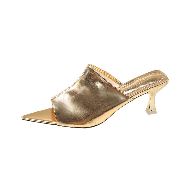 

Модные Роскошные Золотые Серебристые Туфли-Мюли с Острым Носком и Открытым Носком на Тонком Низком Каблуке для Вечеринки Выпускного Вечера Женские Дизайнерские Мюли из Патентной Кожи 40