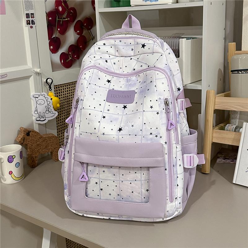 Cute Star Print School Backpack Lightweight Nylon Zipper Daypack with Clear Pocket for Teen Girls Daily Travel