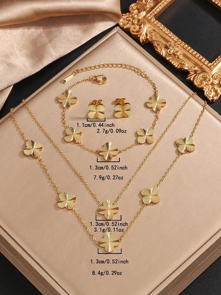 Gold Tone Four Leaf Clover Necklace Bracelet Earring Set for Women