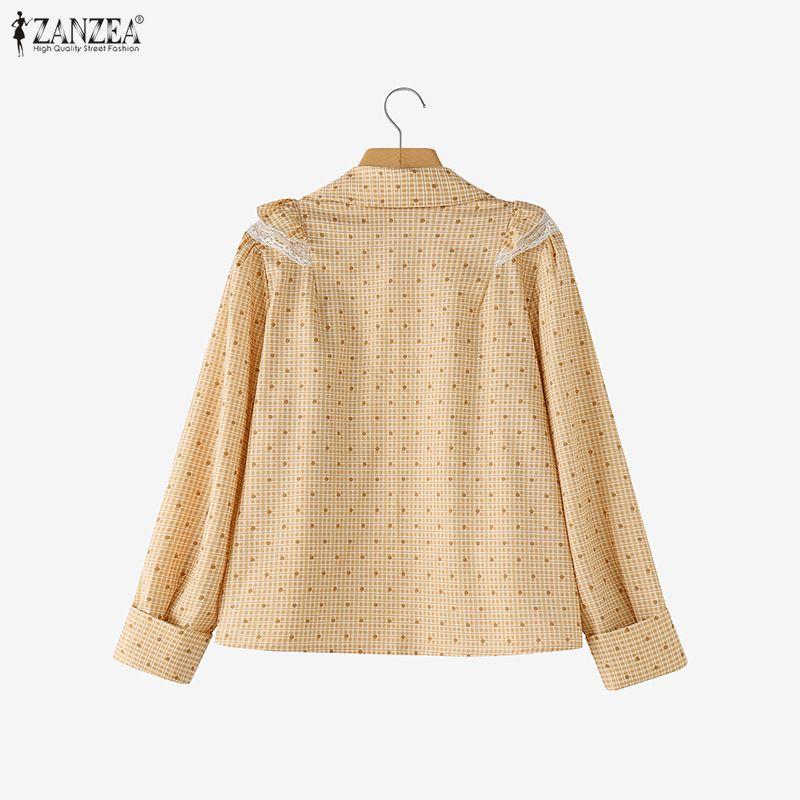 ZANZEA Women Casual Turn Down Collar Long Sleeve Lace Splice Print Blouse