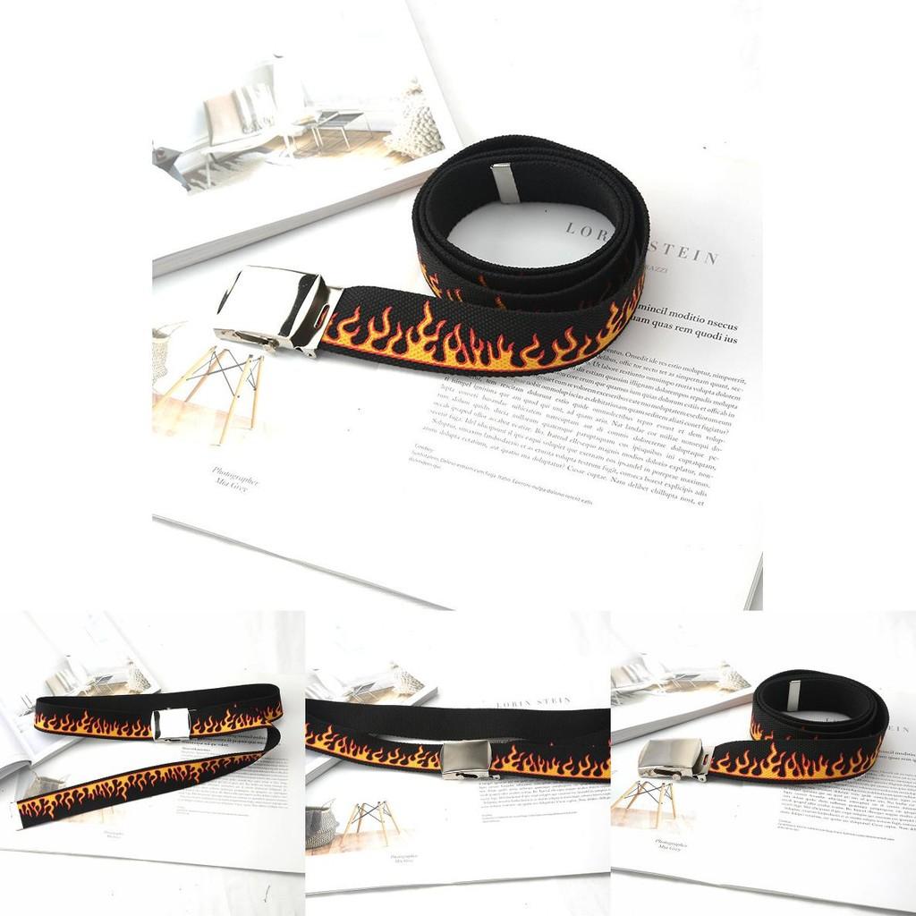 Fashionable Flame Pattern Metal Buckle Decoration Woven Canvas Belt For Men And Women Casual Style