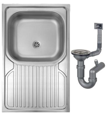 Einbecken-Stahl-Aufsetzspüle 80x50 satiniert mit Apollo-Siphon