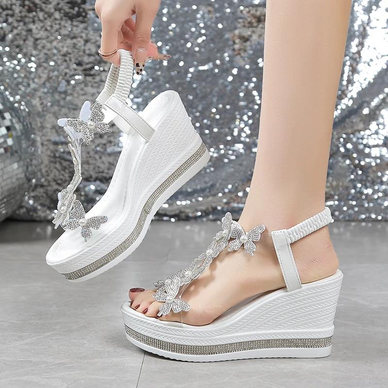 Fashion Fashion Crystals Butterfly Wedges Sandals Women Summer Chunky Platform Elastic Band Sandles Woman Pearls High Heels Sandalias 43