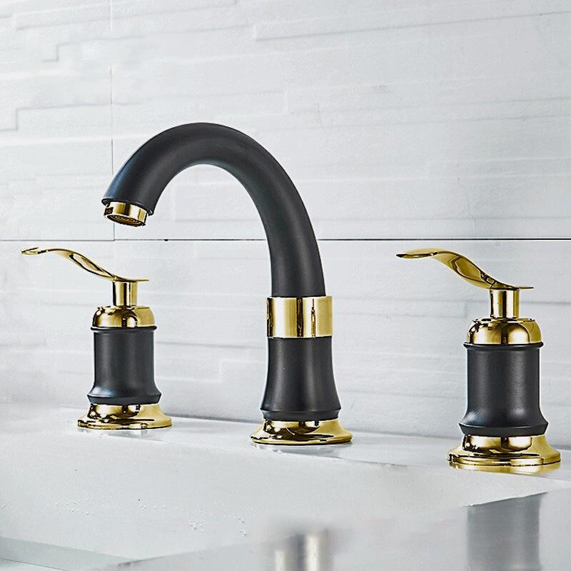 Double Handles Black Golden-Plated 4 Bathroom Wash Basin Faucet Sink Brass Vessel Bathtub Torneira Tap Mixer Faucet White