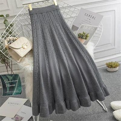Winter Autumn Elegant Knitted Warm A -Line Skirt Women Ribbed Ruffles Pleated Midi Skirts Solid Female Ladies Bottoms Girls Long