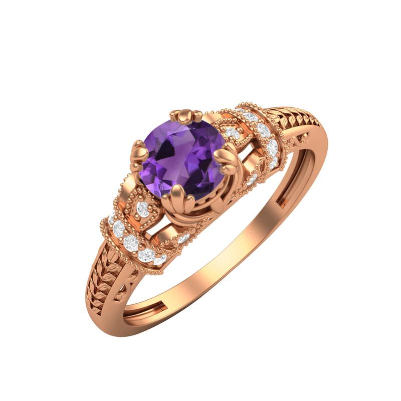 

5MM Round Amethyst Gemstone 925 Sterling Silver Rose Plated Solitaire Blossom Design Women Wedding Ring 9.5 Яскраво-рожевий